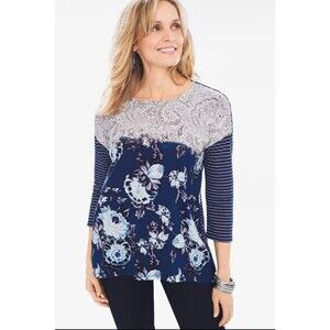 Chico's Floral Tunic Top Linen Blend Paisley Striped Navy Blue Size 3 | XL